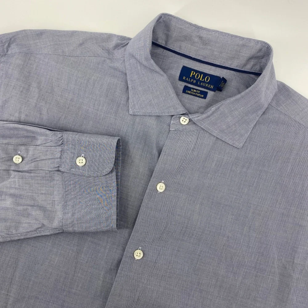 Polo Ralph Lauren Button Down Mens XXL‎ Blue Slim Fit Stretch Poplin Micro Check